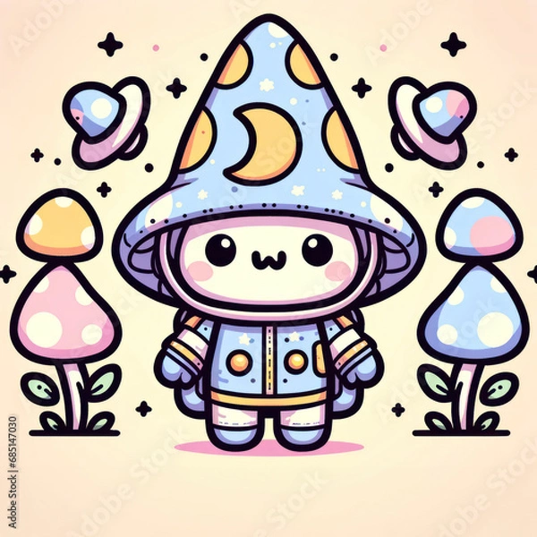 Fototapeta Charming cartoon astronaut character in a mushroom cap against a twinkling star background