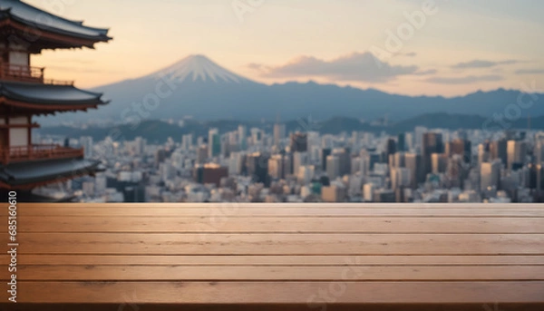 Fototapeta The empty wooden table top with blur background of japan city