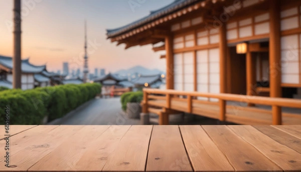 Fototapeta The empty wooden table top with blur background of japan city