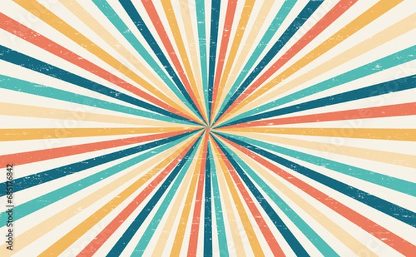 Fototapeta Abstract Colorful vintage 60s and 70s Hippie Retro Minimal stylish Sun and rainbow swirl pattern wallpaper background of rainbow groovy Wavy Line design with dirty texture.