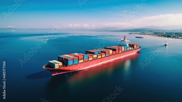 Fototapeta aerial top view of a container ship in the ocean, serving as a vital link for global business logistics, freight shipping,