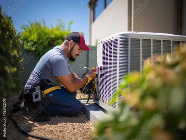 Obraz HVAC service technician changing dirty air filter in the central ventilation system. Air duct ventilation system maintenance for clean air.