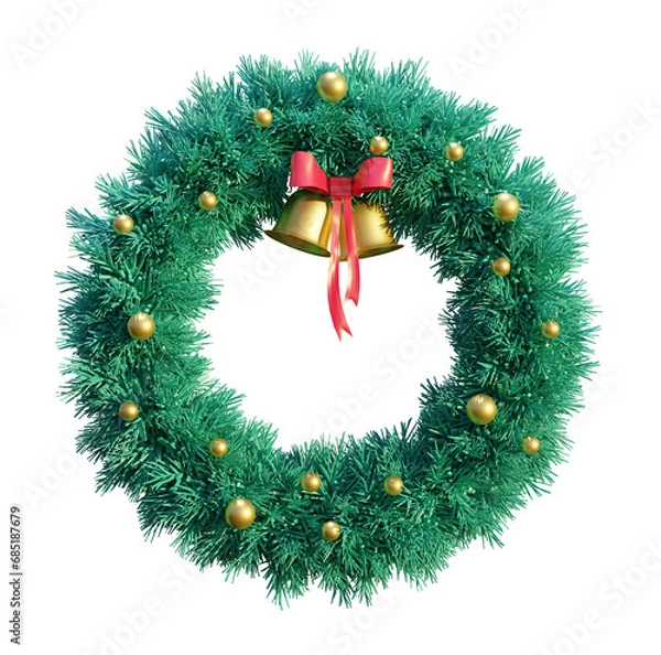 Obraz Christmas wreath with golden balls, dangling bells and bow ribbons.