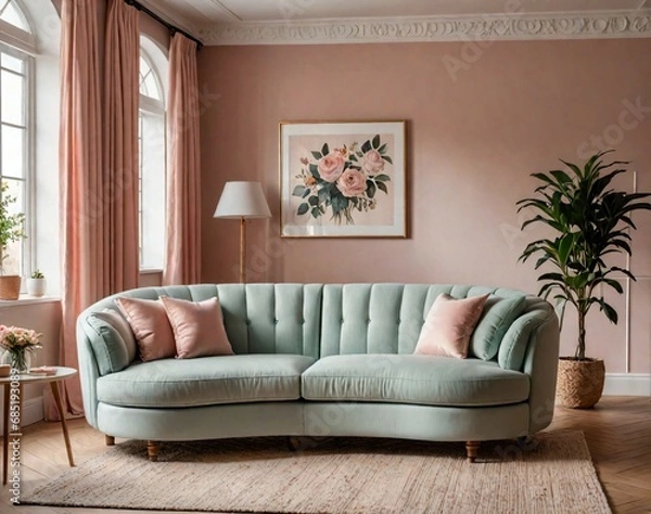 Fototapeta 9. transitional three-seater sofa with a blend of modern and traditional elements. generative AI