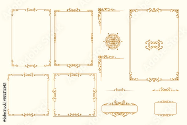 Obraz Set Of Golden Vintage ornament with border, frame, crown, ornate,  mandala and luxury elements, suitable for vintage design or wedding invitation card
