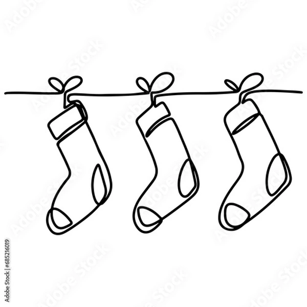 Obraz Christmas socks garland in single line style. One continuous line drawing. Vector illustration isolated on white background.