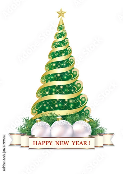 Obraz Merry Christmas. New year tree with Christmas balls on fir branches is decorated with ribbon and congratulation text. Vector template design for winter holidays decoration. Happy New Year 2024.