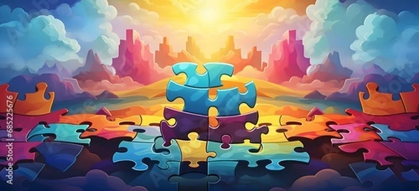Fototapeta Connecting the Pieces of Life A Colorful Puzzle in a Sunlit Field Generative AI