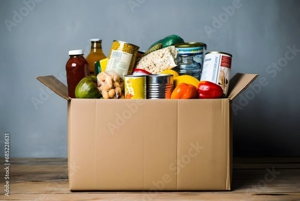 Fototapeta Variety of Snacks and Beverages Packed in a Cardboard Box on a Table for a Perfect Party or Picnic Generative AI