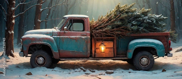 Obraz pickup truck with christmas tree	