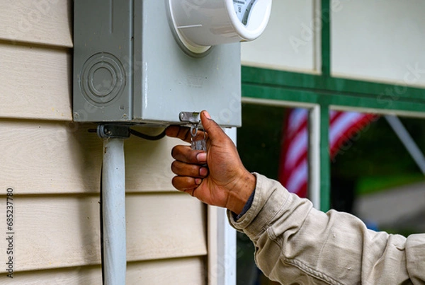 Obraz An electrical technician removes the old Power Meter and replaces it with a new Smart Meter at our home in Windsor in Upstate NY. PPE worn at all times by Worker.	