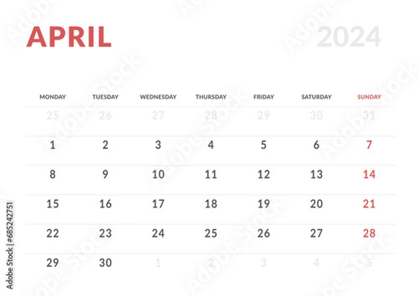 Fototapeta Monthly page Calendar Planner Templates of April 2024. Vector layout of simple calendar with week start Monday for print. Page for size A4 or 21x29.7 cm
