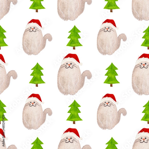 Fototapeta Watercolor pattern, gray cat in Christmas hats and fir tree on a white background. For festive products, wrapping etc.