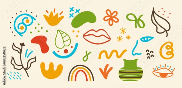 Fototapeta Abstract boho shape doodle set vector. Blob eyes, face, leaves. Geometric, trendy, abstract shapes.