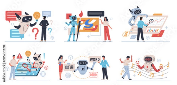 Fototapeta Artificial intelligence interacts with people. Computing system self development, chatbots help, robot executes commands, translator, artist and analyst, cartoon flat nowaday vector set