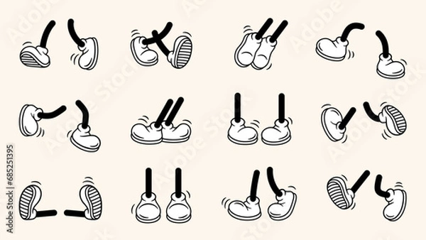 Fototapeta Vintage retro feet and boot vector collection. Comic retro feet in different poses, leg standing, walking, running, jumping. Isolated mascot footwear 1920 to 1950s.