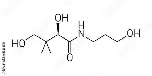 Obraz Skeletal formula of Panthenol. Chemical structure of Panthenol (C9H19NO4). Chemical resources for teachers and students. Vector illustration isolated on white background.