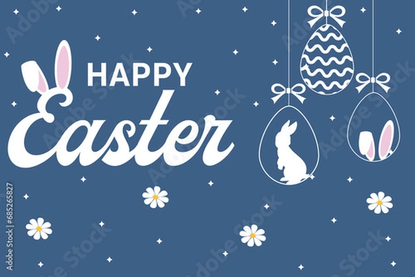 Fototapeta Easter sale illustration with painted egg, spring flower and rabbit ears on blue background. Vector holiday design template for coupon, banner, voucher or promotional poster