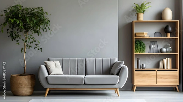 Fototapeta Interior of Living Room modern style with a grey fabric sofa, Wooden side table, and white ceiling lamp on the wooden floor. Generative AI