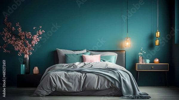 Fototapeta Stylish modern cosy bedroom in dark colors. Cozy interior with turquoise walls, home decor,Generated with AI.