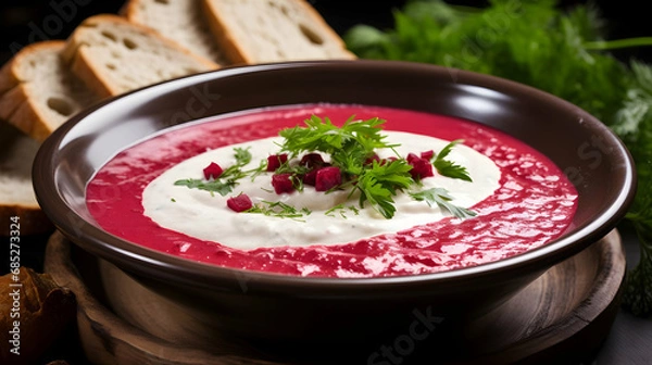 Fototapeta Tasty borsch soup as healthy starter and hot. Cream of beetroot with cream ,Generated with AI.