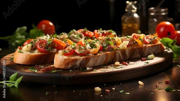 Fototapeta Sandwich or bruschetta with pear and blue cheese on white plate on black background,Generated with AI.
