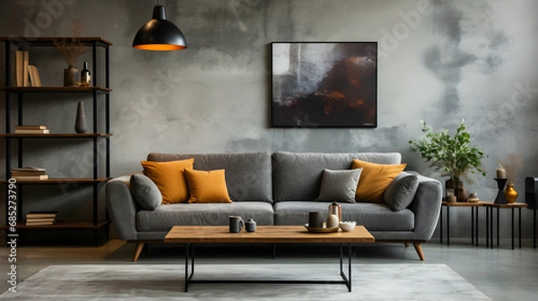 Fototapeta The stylish compostion at living room interior with design gray sofa, wooden coffee table,Generative Ai