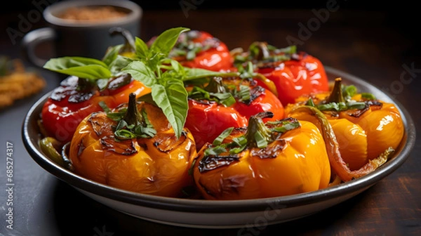 Fototapeta Roasted paprika. Peperonata Italian cuisine: roasted bell pepper with capers and basil,Generated by AI