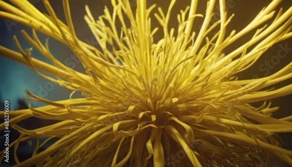 Fototapeta  a close up of a yellow flower with lots of stipulations on it's petals and a blurry background of a blue sky in the background.