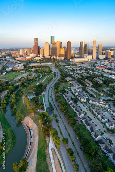 Obraz Aerial shot of Houston at sunset take from a helicopter