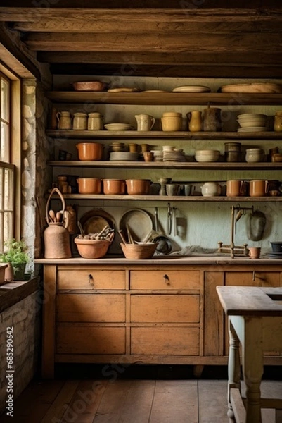 Fototapeta Empty rustic kitchen with open shelving  AI generated illustration