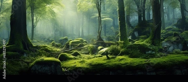 Fototapeta Moss covers tree trunks in green forest copy space image