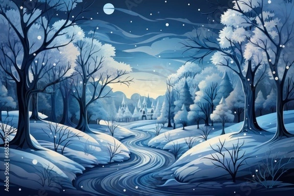 Fototapeta Snowy Landscape Trees Stream Festive Christmas Background Generative AI
