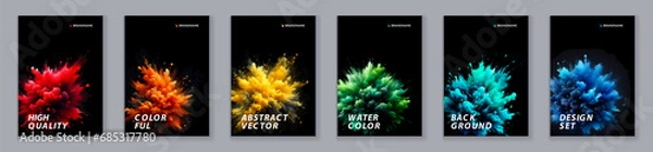 Obraz Watercolor booklet colourful cover bundle set with paint splash on black background