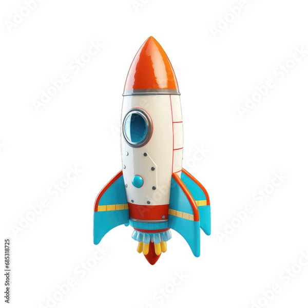 Fototapeta 3D model of a rocket toy with flames in flight isolated on transparent and white background. PNG transparent
