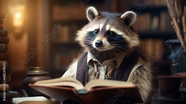 Fototapeta A curious raccoon exploring a library and reading books, Anthropomorphic animals, animal character, with copy space