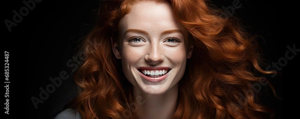 Fototapeta A close up portrait beautiful young woman with red hair smiling for the camera.