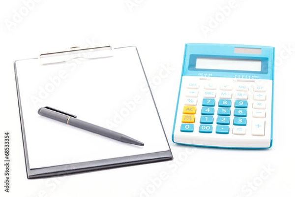 Fototapeta Black clipboard,calculator and pen.
