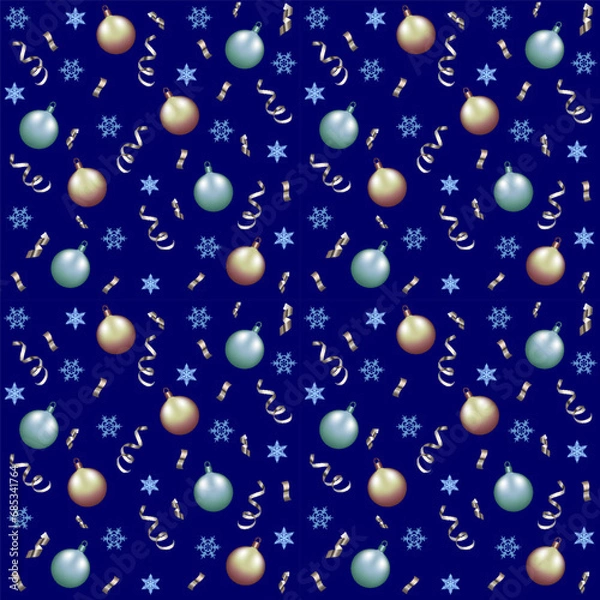 Fototapeta Christmas and New Year seamless pattern on a blue background with snowflakes. Silver and gold christmas balls and serpentine. Vector illustration. For holiday decor, wrapping, textile, backgrounds. 