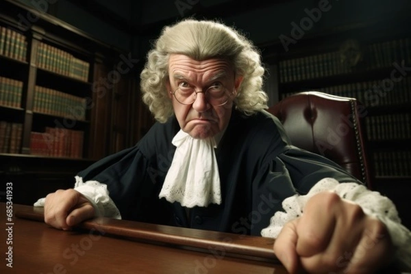 Fototapeta The angry judge looks at you menacingly