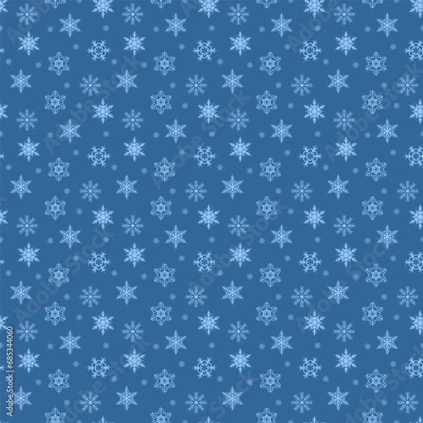 Fototapeta Christmas seamless pattern with light blue snowflakes on a blue background. Vector illustration. For wrapping paper, cards, holiday decor, fabric.
