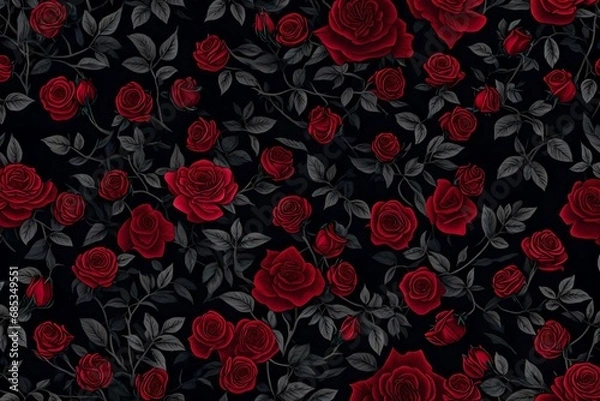 Fototapeta seamless pattern with red roses, Amidst the dense, mysterious forest, a dark and moody wild rose bush creates a captivating background wallpaper
