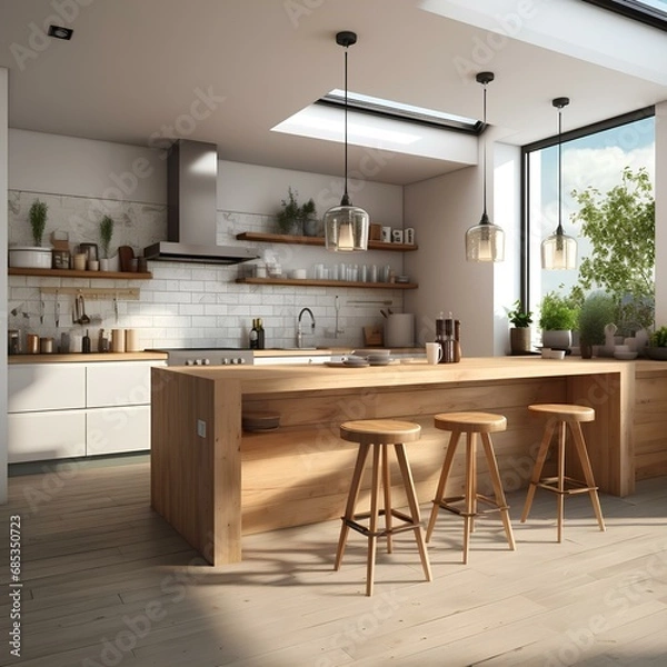 Obraz a modern kitchen with a dining table and chairs