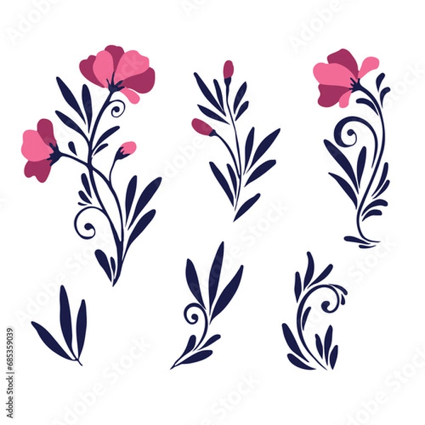 Fototapeta Set flower or ornamental plant. Botanical print of leaves, flowers and curls. A simple natural pattern. Vector illustration on a white background.