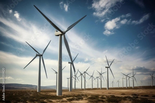 Fototapeta Wind turbines or windmill stand tall in a vast field, harnessing renewable energy from the breeze. The landscape harmonizes with sustainable technology, exemplifying eco-friendly power generation.