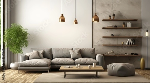 Fototapeta Modern interior design of apartment Cozy living room with gray sofa, coffee tables, bookshelf and armchairs Scandinavian home 3d rendering