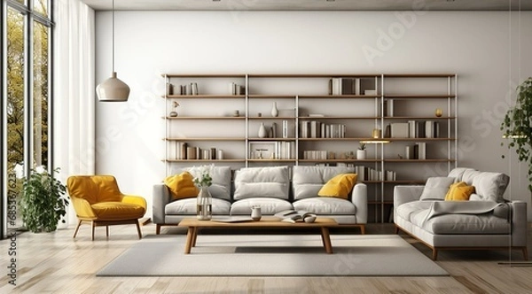 Obraz Modern interior design of apartment Cozy living room with gray sofa, coffee tables, bookshelf and armchairs Scandinavian home 3d rendering