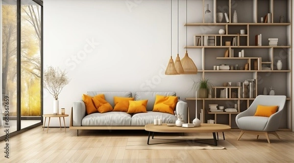 Obraz Modern interior design of apartment Cozy living room with gray sofa, coffee tables, bookshelf and armchairs Scandinavian home 3d rendering