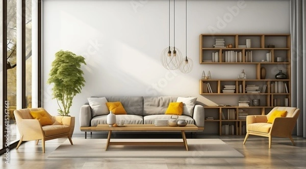 Obraz Modern interior design of apartment Cozy living room with gray sofa, coffee tables, bookshelf and armchairs Scandinavian home 3d rendering