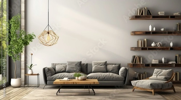 Obraz Modern interior design of apartment Cozy living room with gray sofa, coffee tables, bookshelf and armchairs Scandinavian home 3d rendering